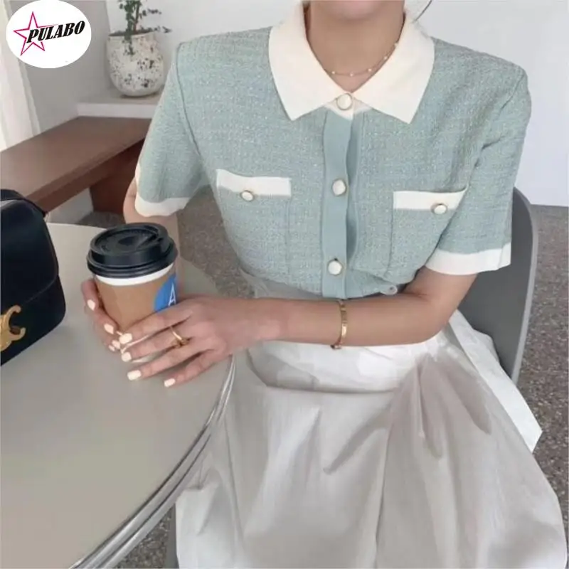 

PULABO y2k Summer Japanese Style Turn-down Collar Short Sleeve Thin Short-sleeved Ice Silk Knit Womens Shirt Coats Tops Blouses