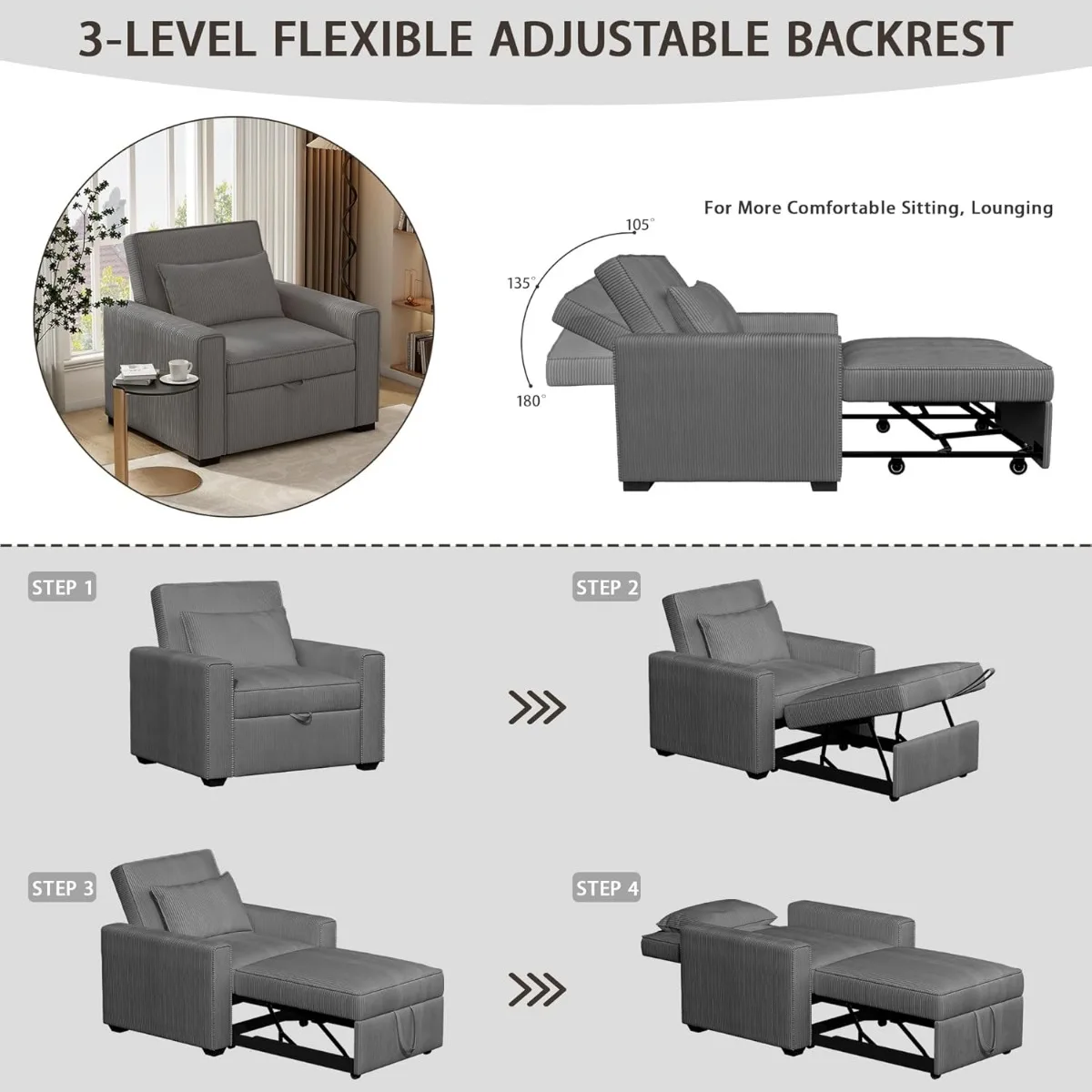 슬리퍼 의자, 3 in 1 컨버터블 소파 침대, 조절 가능한 풀아웃 소파 침대, 스로우 베개, 모던 소프트 코듀로이 원단 소파