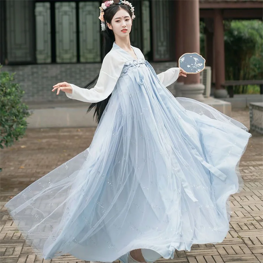 

Ancient Traditional Hanfu Dress Chinese Women Elegant Stage Folk Dance Costume Lady Retro tang Weijin Dynasty Set