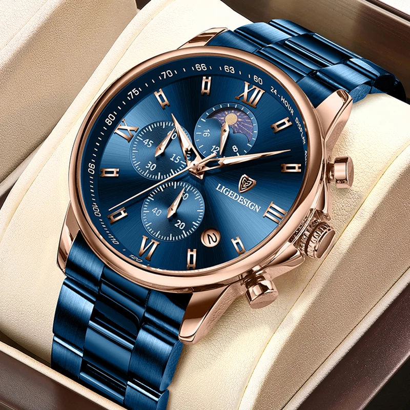 Lige nova marca de luxo relógio masculino ouro rosa moda relógios quartzo para homens à prova dwaterproof água luminosa cronógrafo relogios masculino
