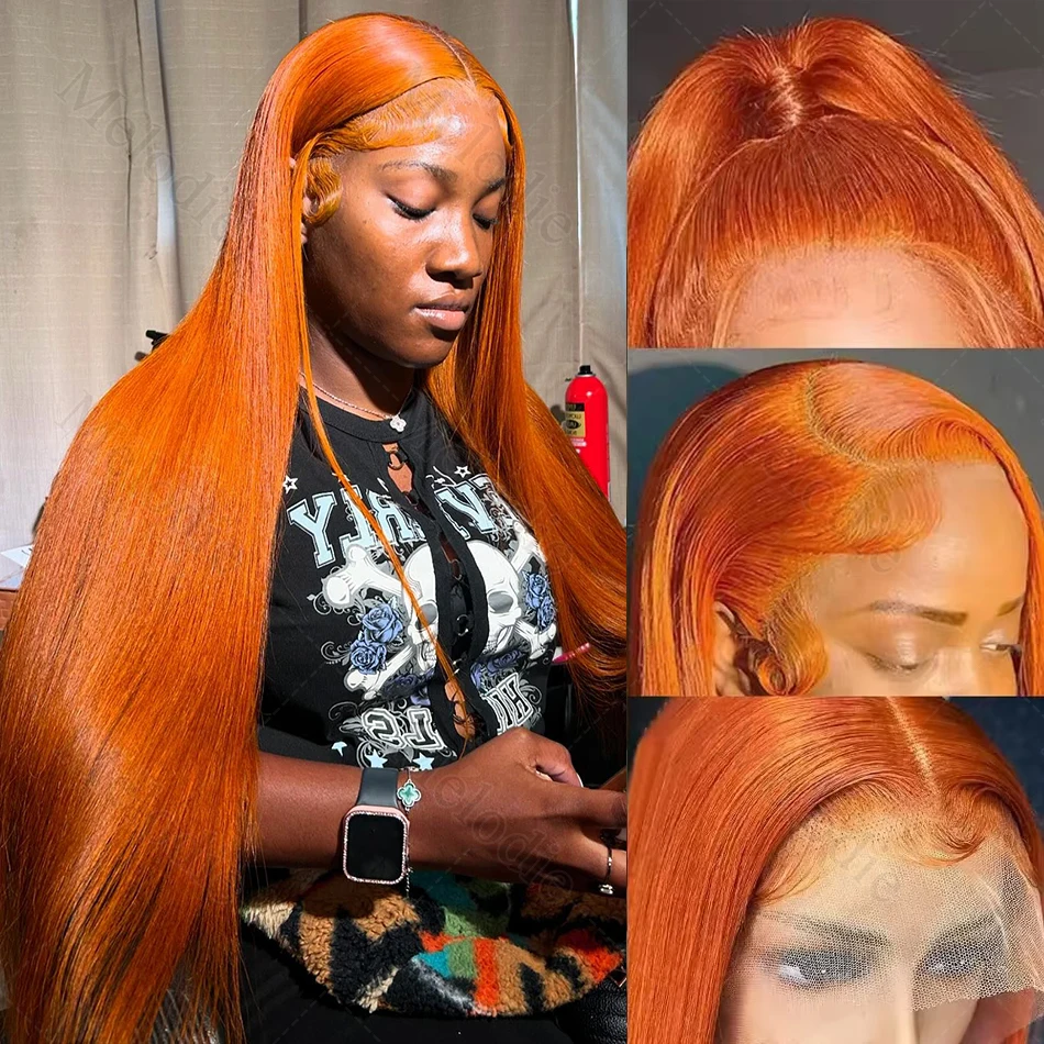 250 Density Straight Ginger Orange Human Hair Wig Lace Front 13x6 13x4 HD Frontal Colored Wigs Preplucked For Women 30 36 Inch