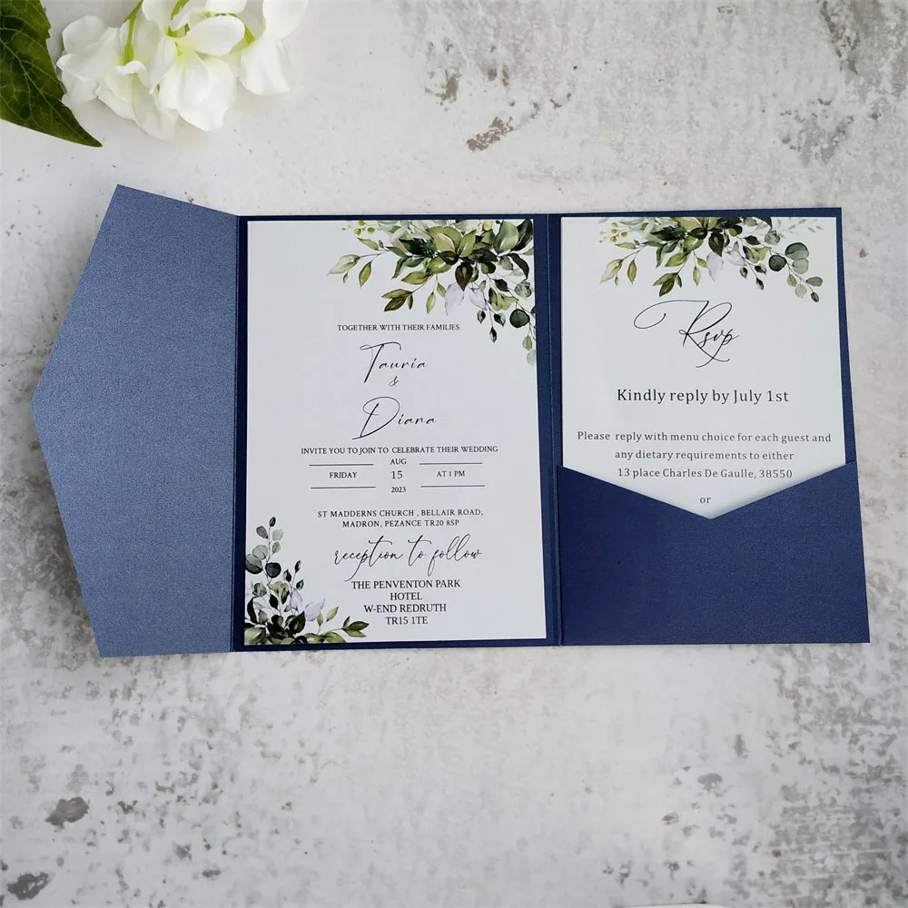 Huwelijksuitnodiging Pocket Fold Envelop Marineblauw Mat Papier 250gsm voor Verjaardag Jubileum Sweet 16 Iquinceañera 50 stuks