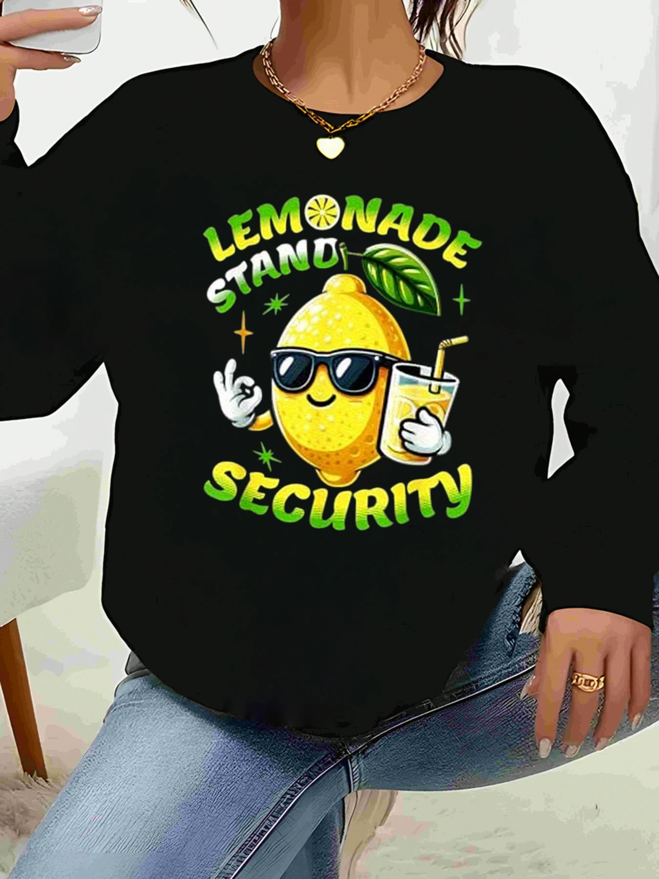 تي شيرت Lemonade Stand Security Print بأكمام طويلة، ملابس صيفية غير رسمية على الموضة النسائية