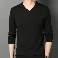 Fashion Men Solid Basic T-Shirts Spring Autumn Male Clothes V-Neck Tee Long Sleeve Bottoming Thin Slim Casual Pullover Tops 5XL