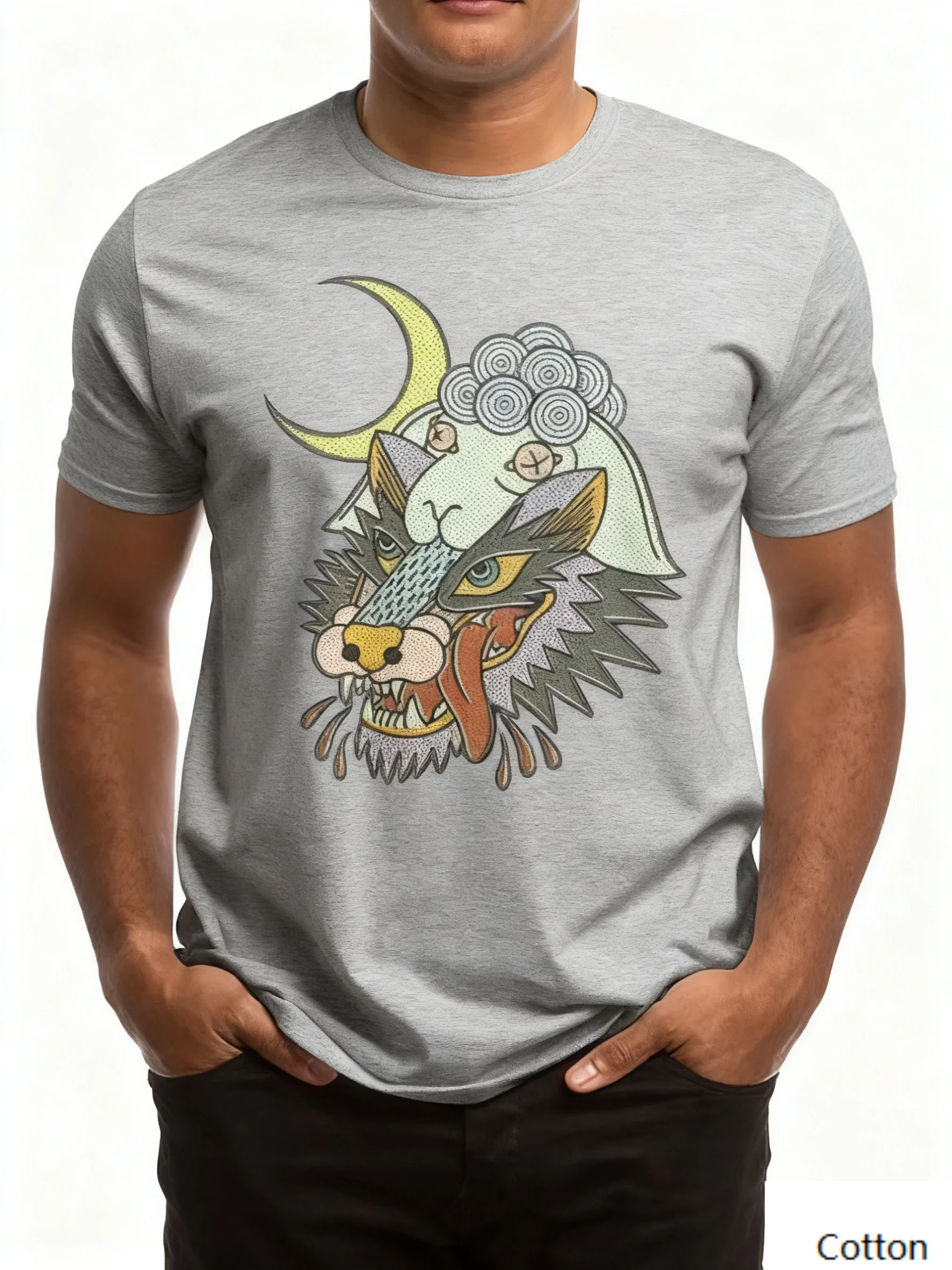 Хлопковая футболка с круглым вырезом Fantasy Wolf «Moonlit Wolf Vibe» с уникальным дизайном стилизованного волка под полумесяцем