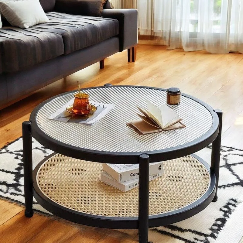 

Японский стеклянный журнальный столик из массива дерева, комбинация ротанга, скандинавская простая гостиная, бытовая маленькая квартира