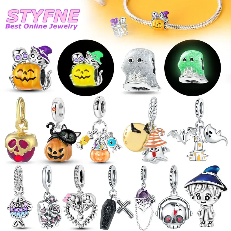 Sterling Silver 925 Glow-in-the-dark Boo Ghost Symbols Charm Beads Fits DIY Bracelet & Bangle Jewelry Accessories