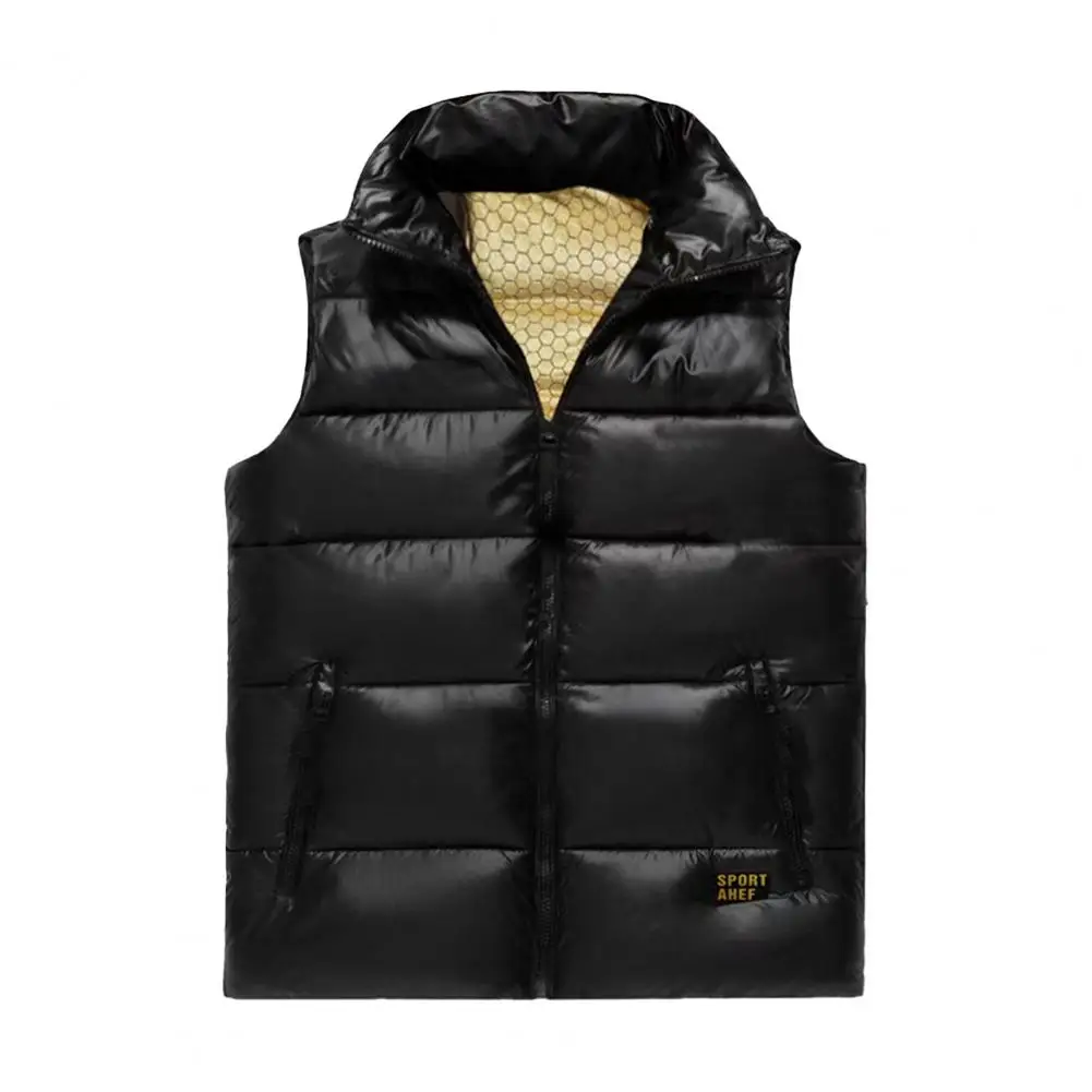 Warmth-providing Vest Men's Stand Collar Sleeveless Thermal Vest Coat with Zipper Closure Pockets Golden Letter Print for Winter