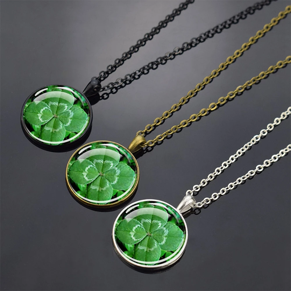Clover Shamrock Necklaces Glass Cabochon Four Leaf Clover Pendant Chains Necklace for Women Lucky Jewelry St. Patrick Day Gifts