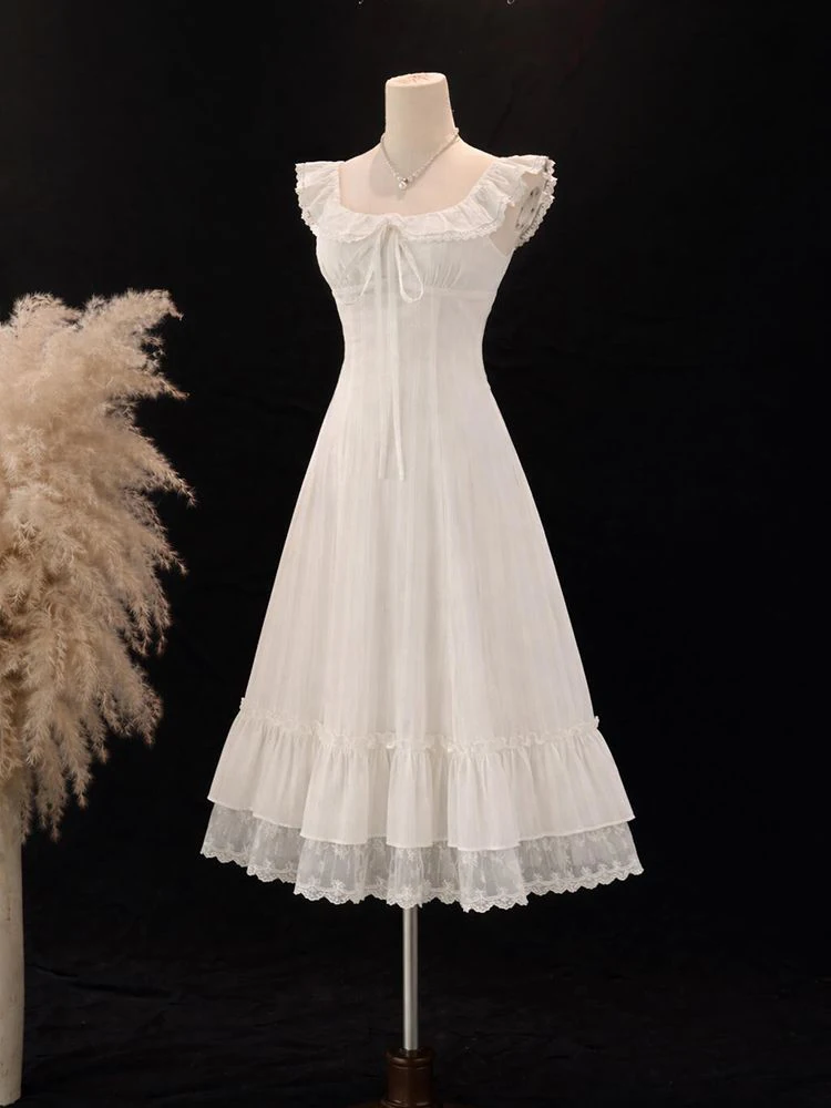 

White Summer Dress Women's A-Line Skirt Gathered Waist Slimming Long Skirt French Style Short Sleeve Fly Sleeve Polyester Fiber