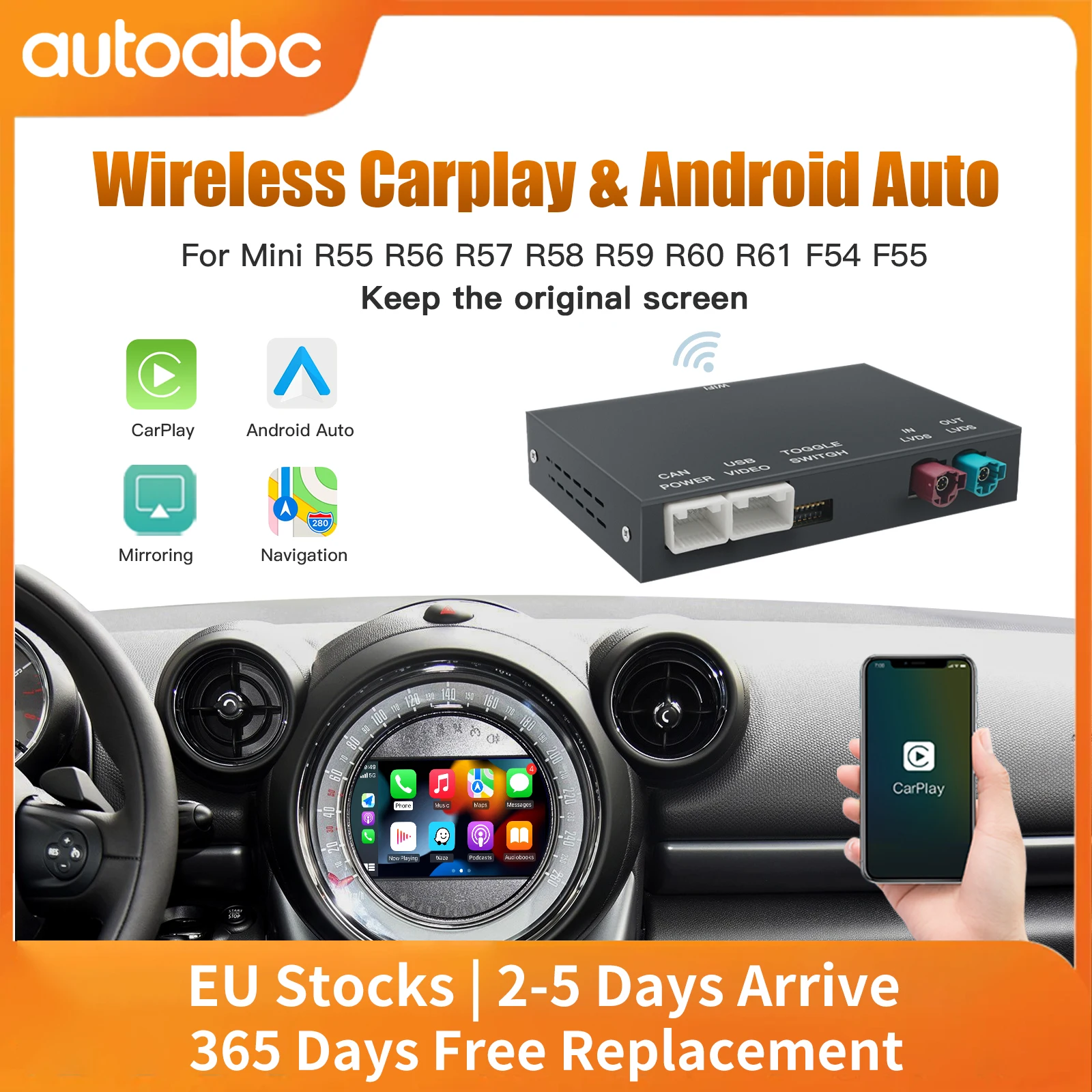 AUTOABC Wireless CarPlay Android Auto for Mini R55 R56 R57 R58 R59 R60 R61 F54 F55 F56 F57 Clubman Countryman Hardtop Cooper