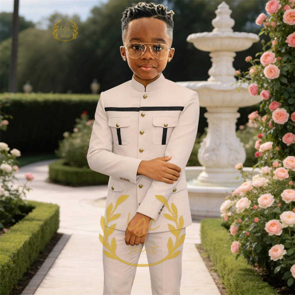 

Boys' Elegant Custom 2-Piece Suit – Mandarin Collar Blazer with Black Trim & Utility Pockets, Tailored Pants for Ceremonies