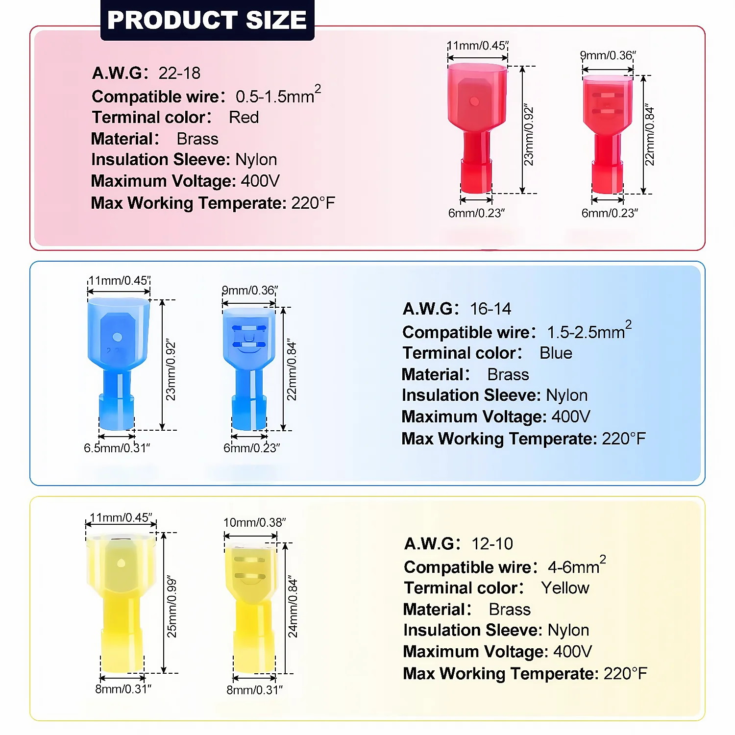 100/80/60 pcs Nylon Spade Wire Connector, 22-10 AWG Gauge Electrical Fully Insulated Crimps Terminal Connectors