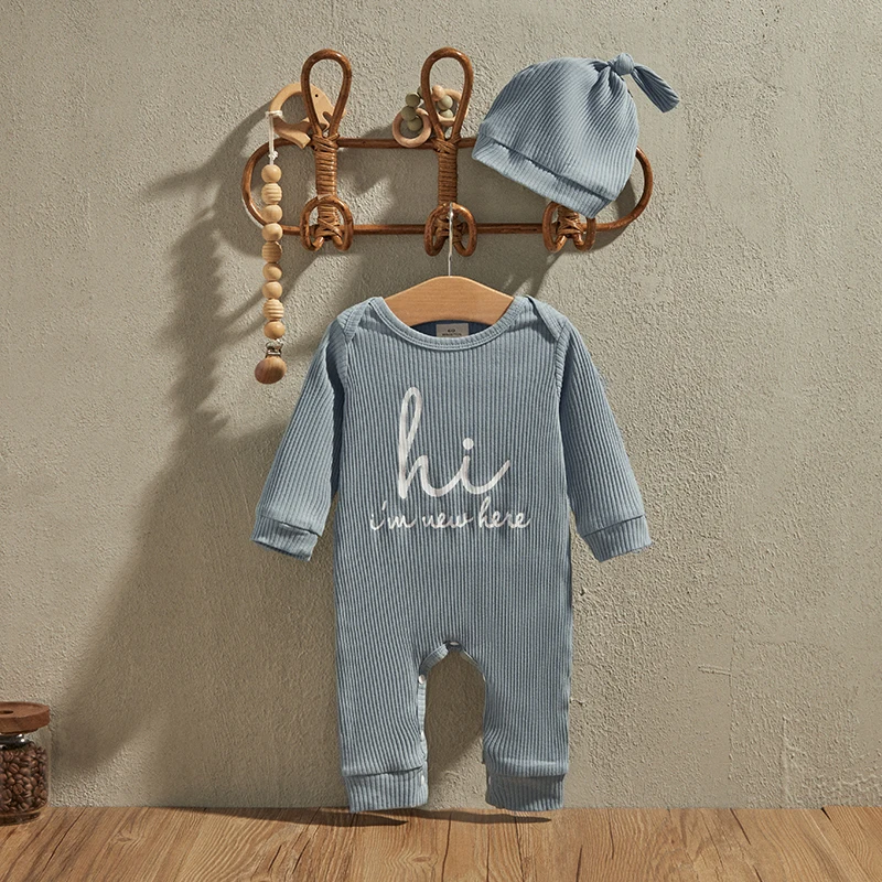 EWODOS Newborn Baby Boy Clothes, Hi I m New Here Coming Home From Hospital Outfits Gender Neutral Spring Romper with Hat Sets