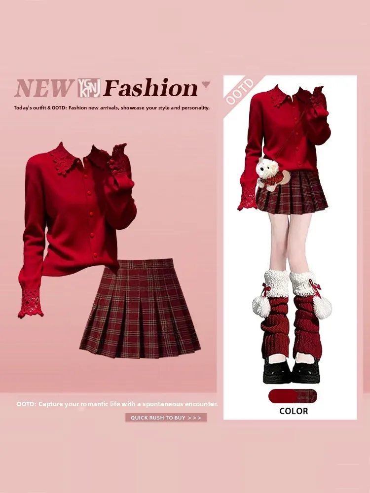 

Red Zodiac Year Hollow out Collar Sweater Plaid Skirt Winter College Style Women's Fashion Set High Waist Short Skirt Long Sl...