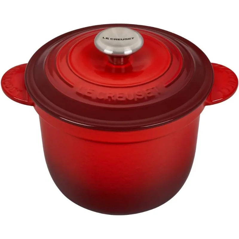 Olla de arroz de hierro fundido esmaltado con tapa y inserto de gres, 2,25 qt., Cerise