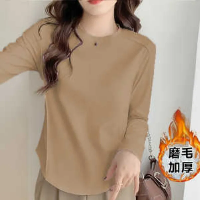 Autumn Winter Thin Long-sleeved Bottoming Shirt for Women Fashionable Fishbone Design Irregular Curved Hem Inner Top