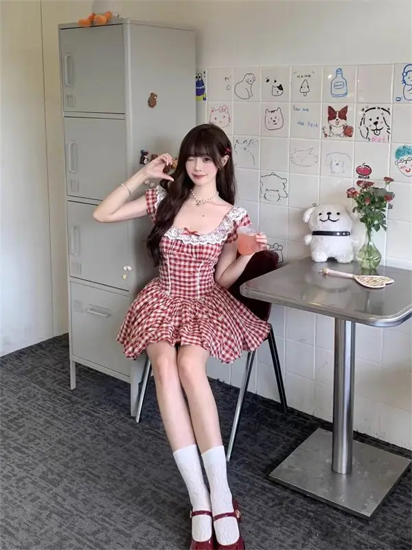 New High Quality Plaid Lace One Piece Dress Korean Fashion Summer Mini Dress Square Collar Sundress Sweet Elegant