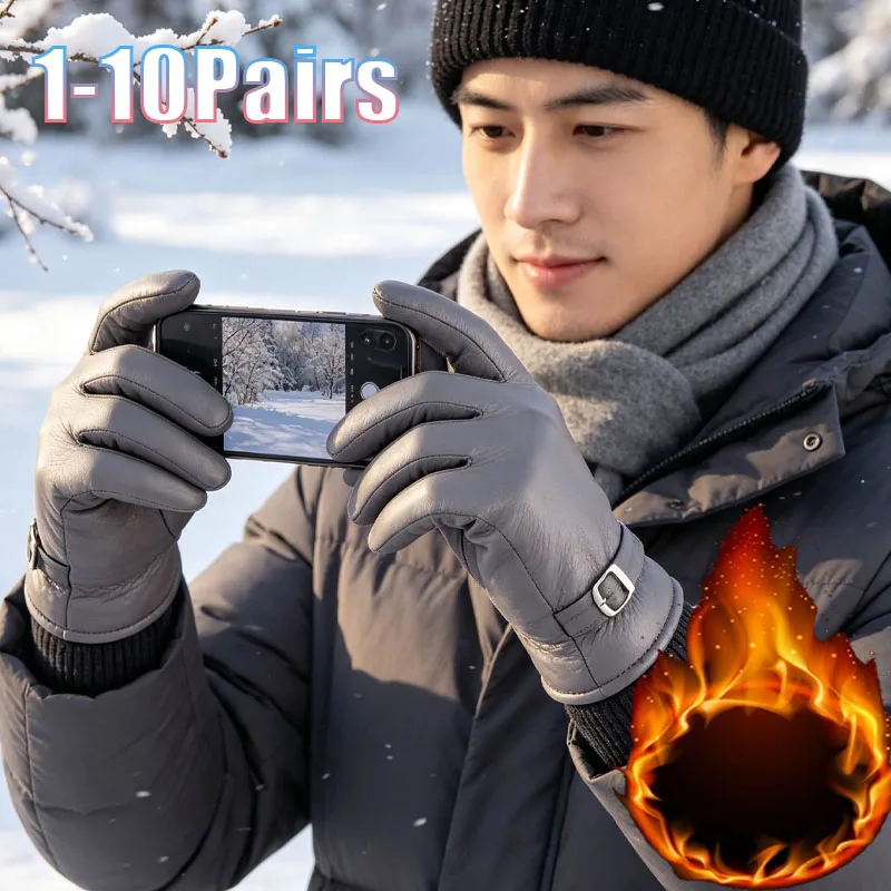 1-10PCS Touchscreen Winter Gloves Leather Palm Windproof Warm Fleece Lined for Cycling Skiing Motorcycle Outdoor Sports