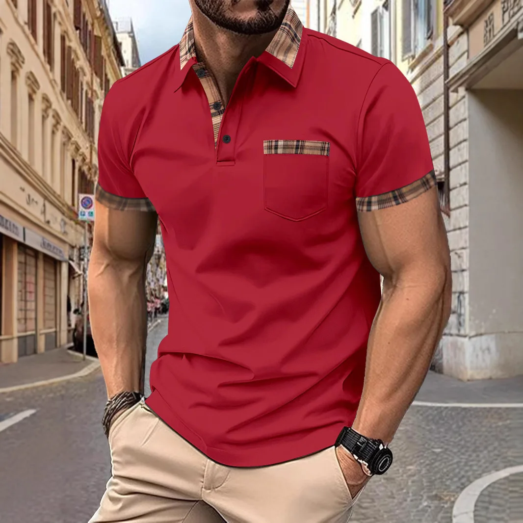 The 2025 Summer New Men's Sporty casual comfortable top is a solid-color patchwork short-sleeved POLO shirt with false pockets