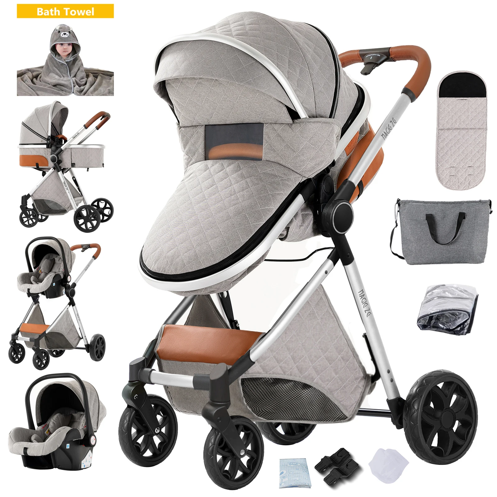 Lichtgewicht vierwielige kinderwagen, babyaccessoires, lichtgewicht 3-in-1 kinderwagen, draagmand voor pasgeborenen.