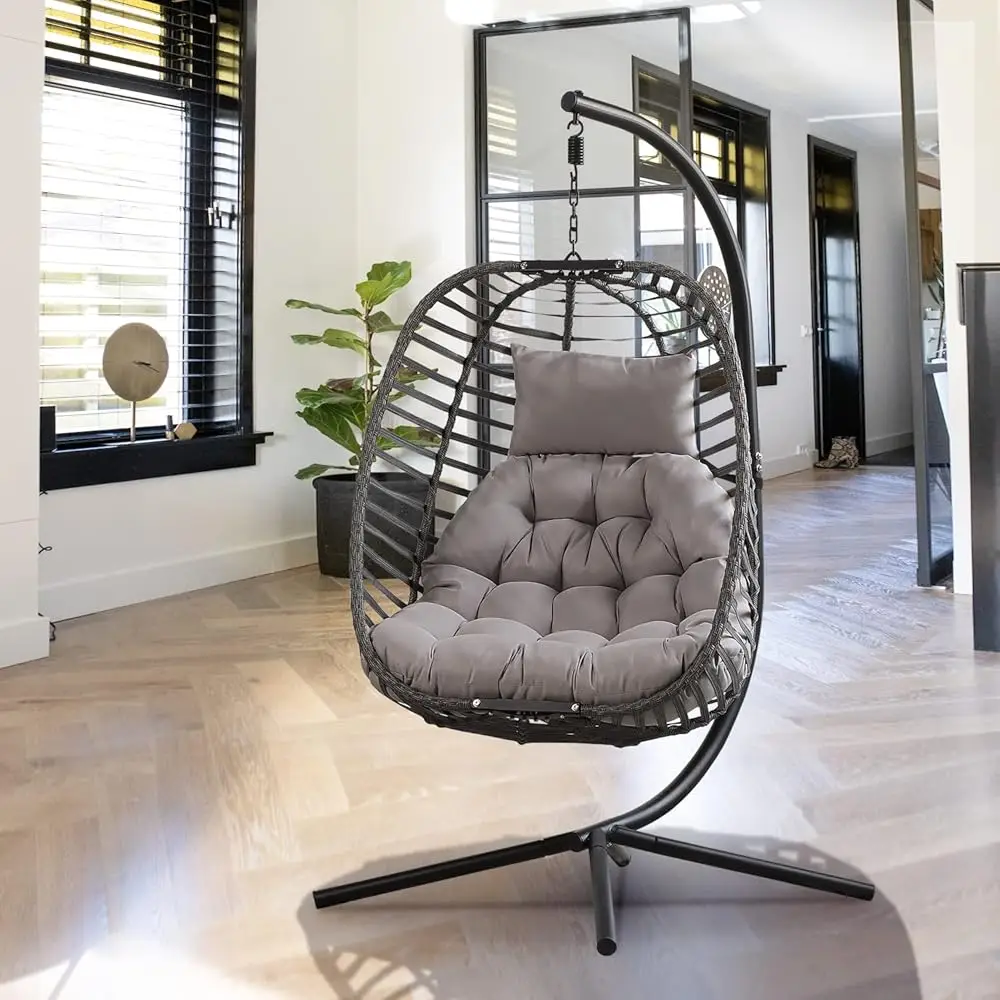 Hanging Hammo Egg Chair With Stand, Rattan Weather Resistant Vertical Fold Design Patio Hanging Basket Swing Chair 350Lbs Aticy