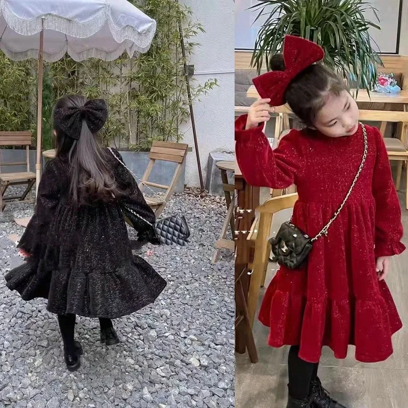 Winter Warm Baby Girls Fleece Lined Long Sleeves Pleated Thick Velvet Dresses with Bow Kids Outfit Children Sweet Skirt 2-8 Yr