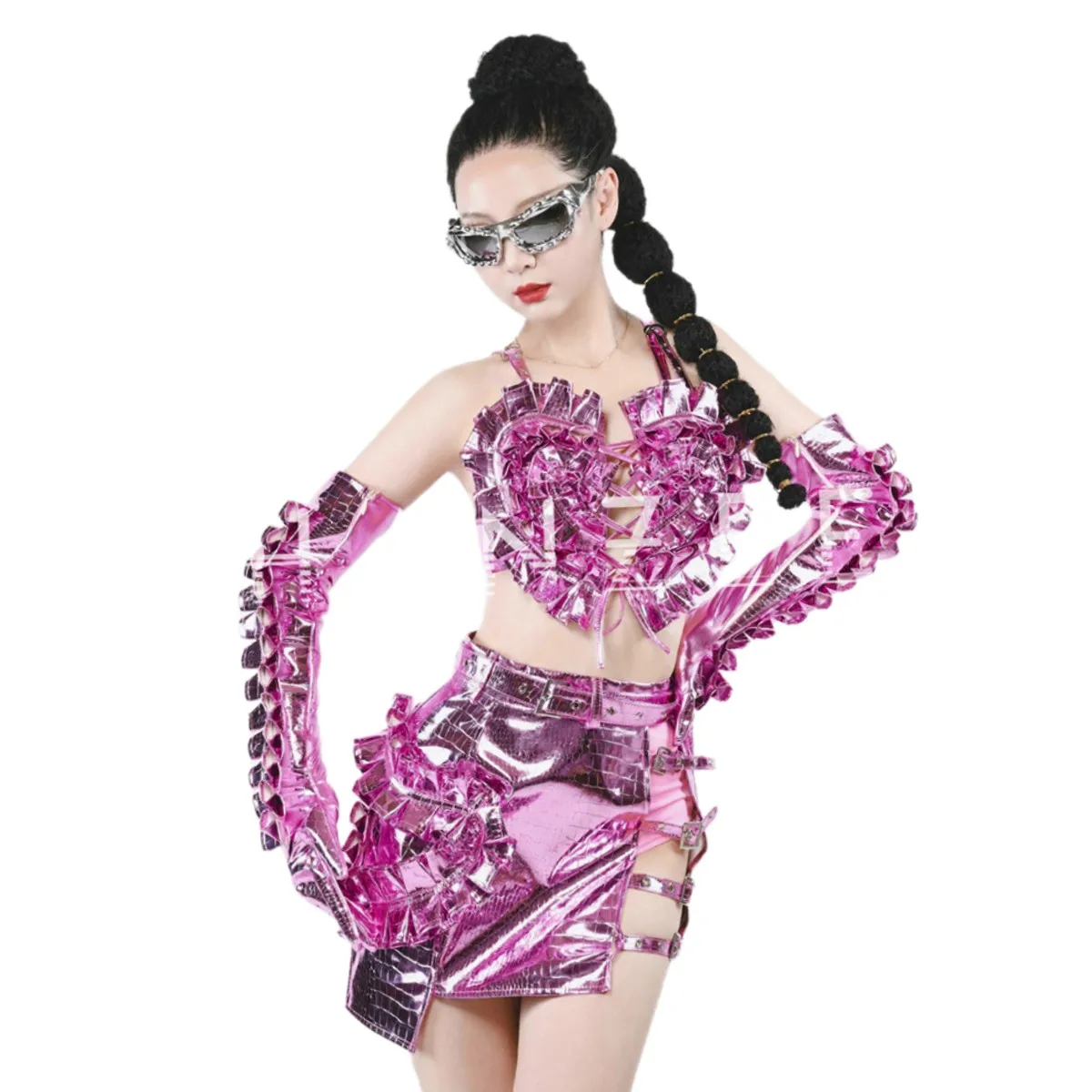 مثير ملهى ليلي سحب الملكة زي الوردي الليزر الجوف خارج تانك القمم تنورة صغيرة قفازات الزي الرقص مجموعة أداء المرحلة ارتداء