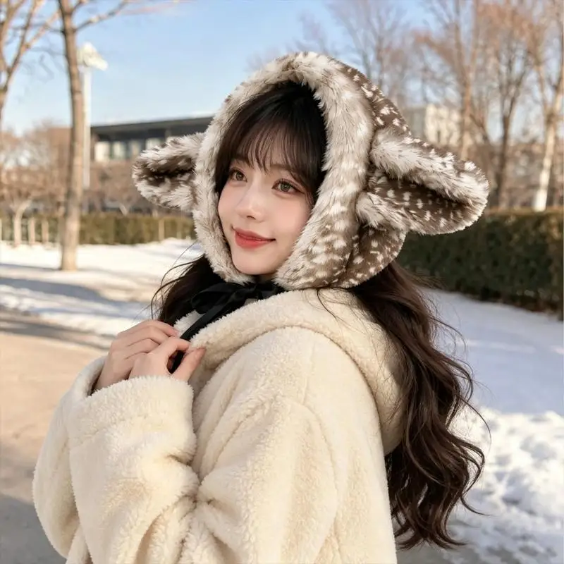 31BB Deer Theme Winter Headwear with Plush Texture and Ear Coverage for Cold Weather Daily Wear and Seasonal Outings