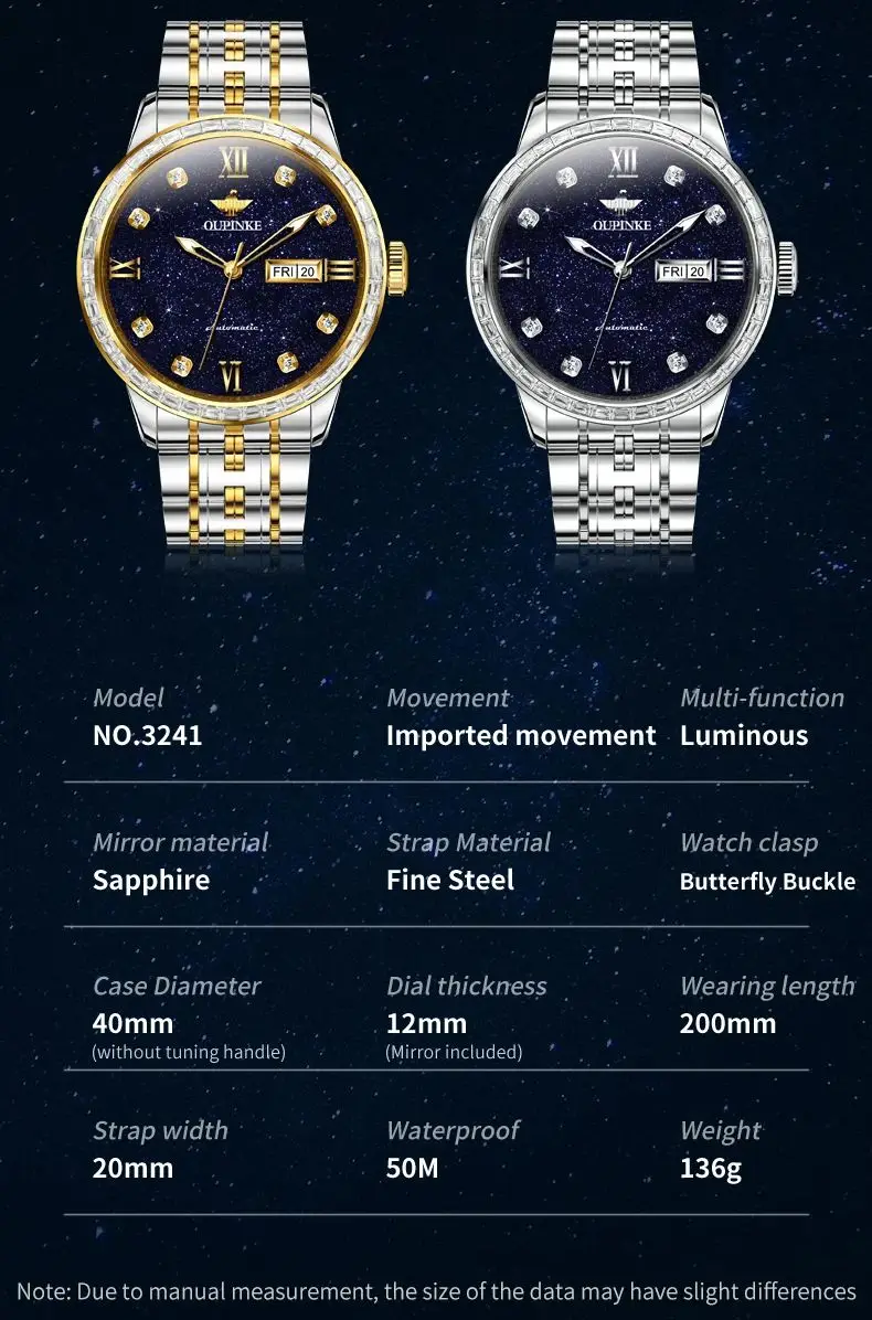 OUPINKE 3241 Luxury Starry Sky Dial Mechanical Watch For Men Deep Waterproof Automatic Man Wristwatch Dual Calendar Dress Watch