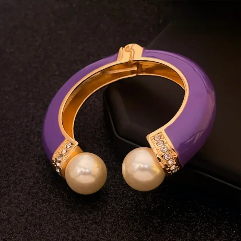 Designer New Vintage Purple Enamel Natural Pearl Rhinestones Open-ended Women's Bangles High-end Palace Style Jewelry Gift