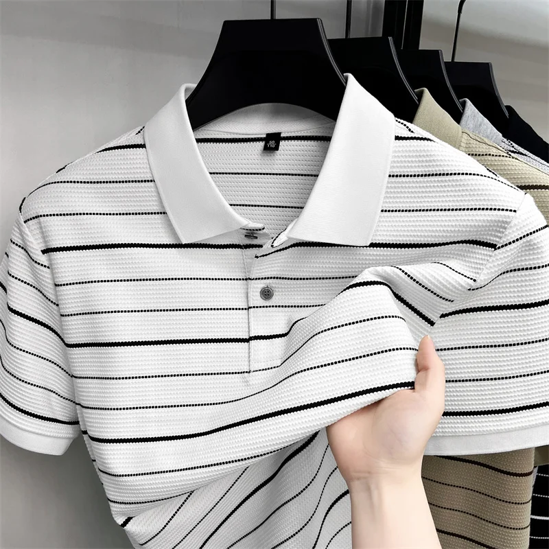 High end striped short sleeve polo shirt light luxury new summer breathable soft comfort men's leisure fashion lapel T-shirt