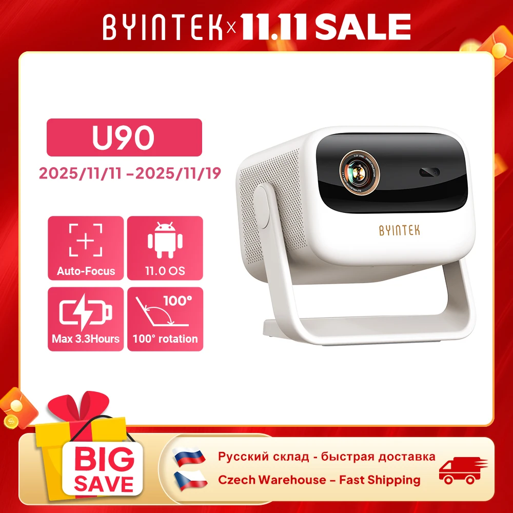 

BYINTEK U90 Projector 4K Full HD1080P Cinema Android 11.0 WiFi Mini Portable 1080P Home Theater Video DLP Projector with Battery