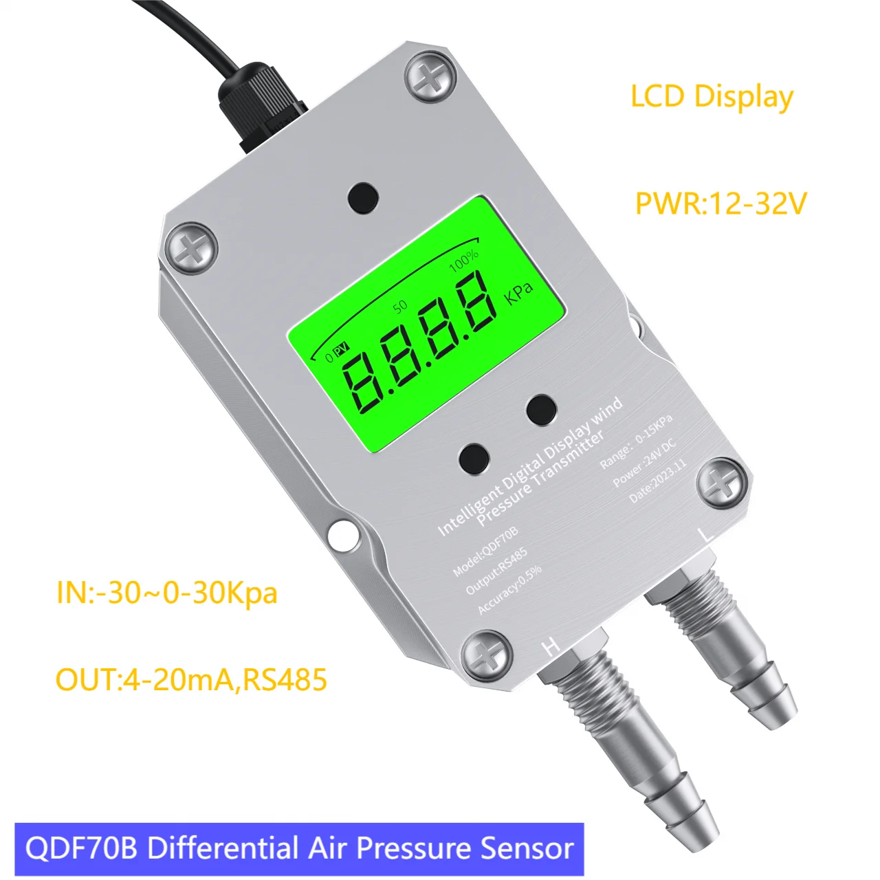 

LCD Differential Air Pressure Sensor 4-20mA 0-10V RS485 Differential Pressure Transmitter -30Kpa-30Kpa Gas Pressure Transducer