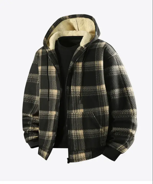 Neue modische, mit Fleece gefütterte, lässige Herren-Hemdjacke mit Kapuze und Karomuster – Detail 1