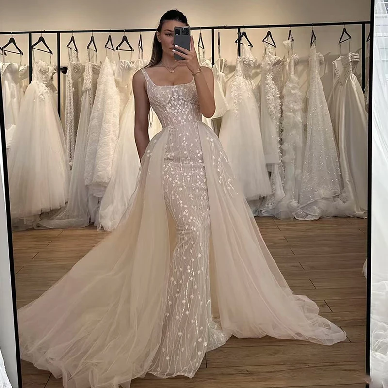 Abito da sposa con strascico staccabile in organza con ricamo abito da ballo a sirena senza maniche colletto quadrato personalizzato sposa Vestido De Novi