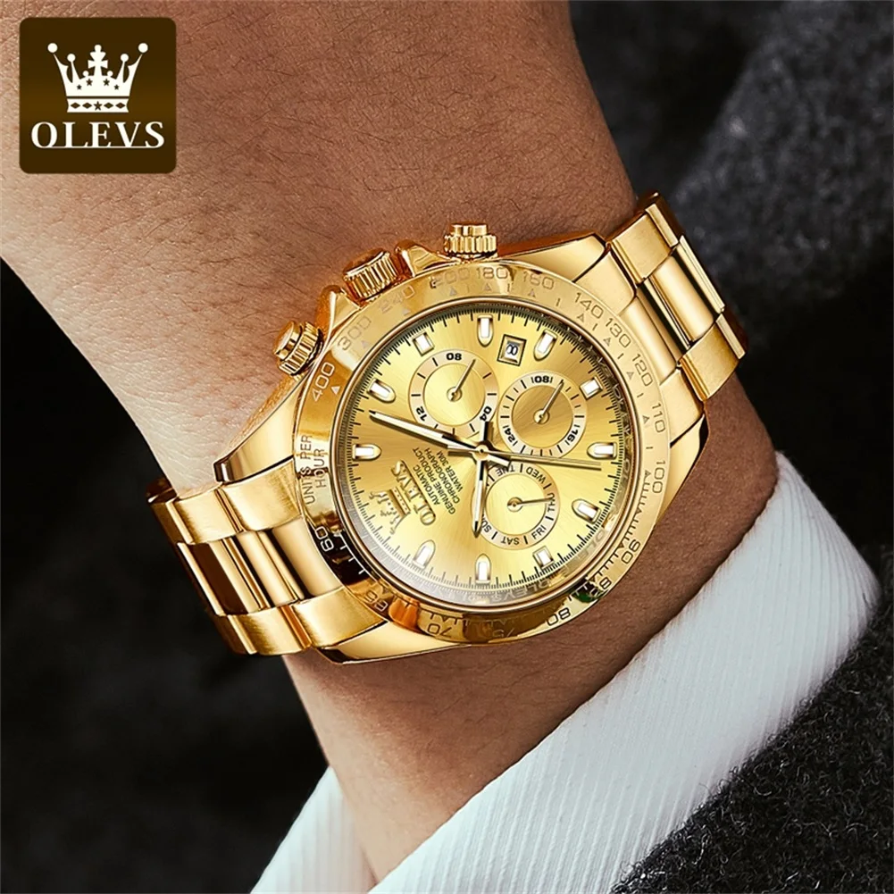 OLEVS Full Gold Automatic Wristwatch for Men Auto Date Waterproof High end Men\'s Watches