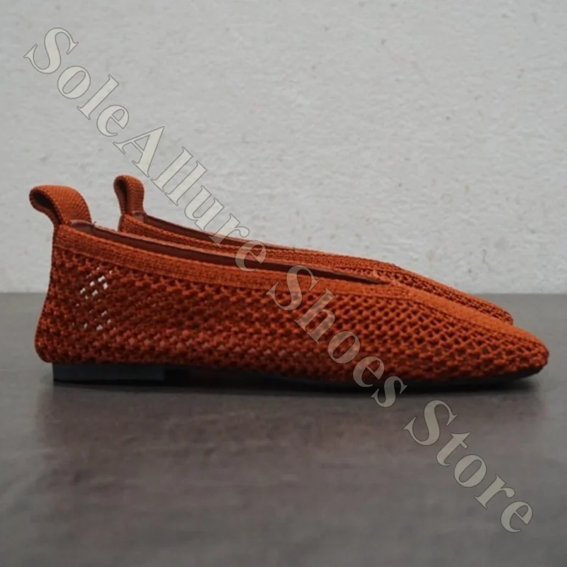Women Knit Mules Orange Flats Pointed Toe Elastic Back Stretchy Slippers Handmade Textured Casual Comfy Daily Walking Shoes