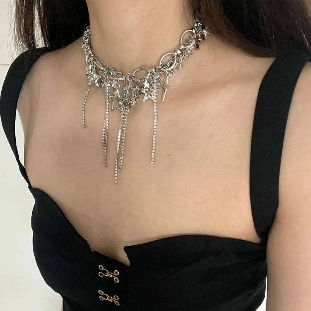 New Korean Fashion Shiny Rhinestone Star Pentagram Charms Necklace Bling Crystal Chain Tassel Choker for Women Wedding Jewelry