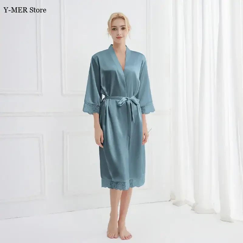 

Женский элегантный свадебный халат из искусственного шелка для невесты, сексуальная ночная рубашка с кружевной отделкой, халат из ледяного шелка, длинное кимоно, свободное нижнее белье, одежда для сна