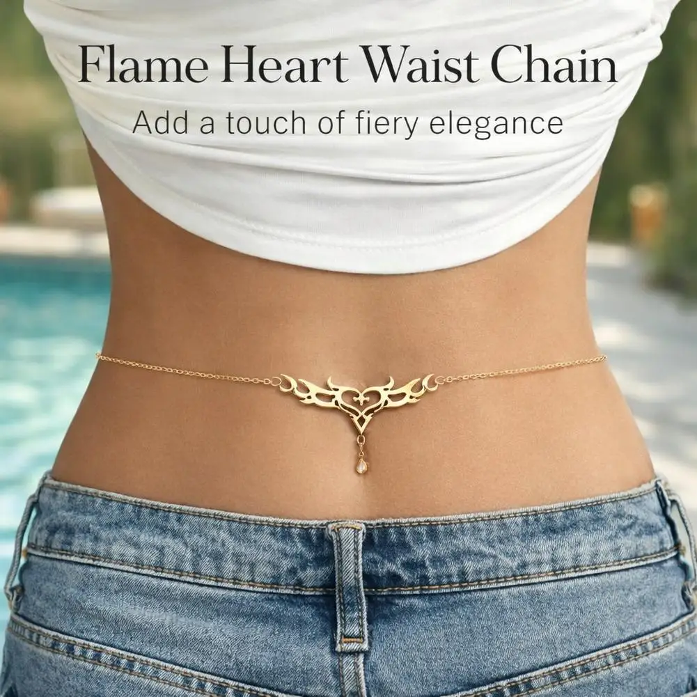 Gothic Heart Flame Waist Chain Y2K Aesthetic Body Jewelry For Women Adjustable Silver Tone Belly Chain For Festival Rave Outfit