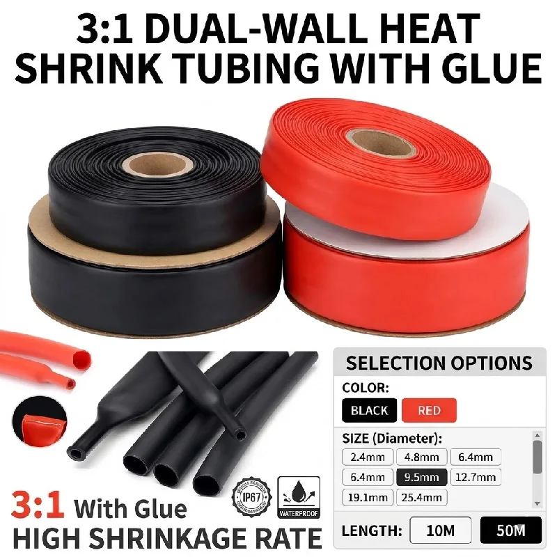 3:1 Heat Shrink Tubing with Glue Dual Wall Adhesive Lined Marine Grade Wrap Wire Cable Insulation Sleep Red Black 2.4mm-25.4mm