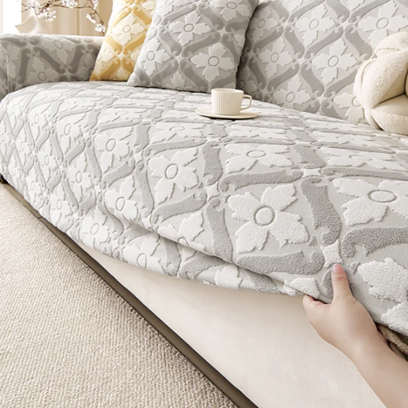 2026 Nordic Jacquard Plush Sofa Cover Warm Elastic Couch Slipcover for Autumn and Winter Pet Friendly Polar Fleece Home Textile