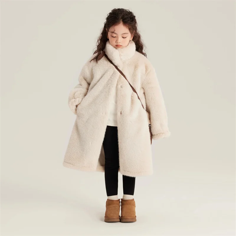 Girls Winter Fur Coats 2024 New Children Thicken Warm Outerwear Kids Fashion Casual Long Jackets Teenager Turtleneck Clothing