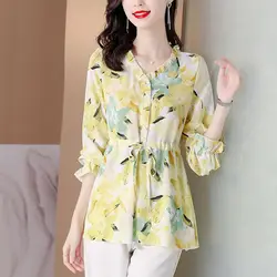 Pastoral Style Floral Printed Blouse Spring Autumn Elegant V-Neck Women's Clothing Commute Casual Slim Fashion Drawstring Shirt