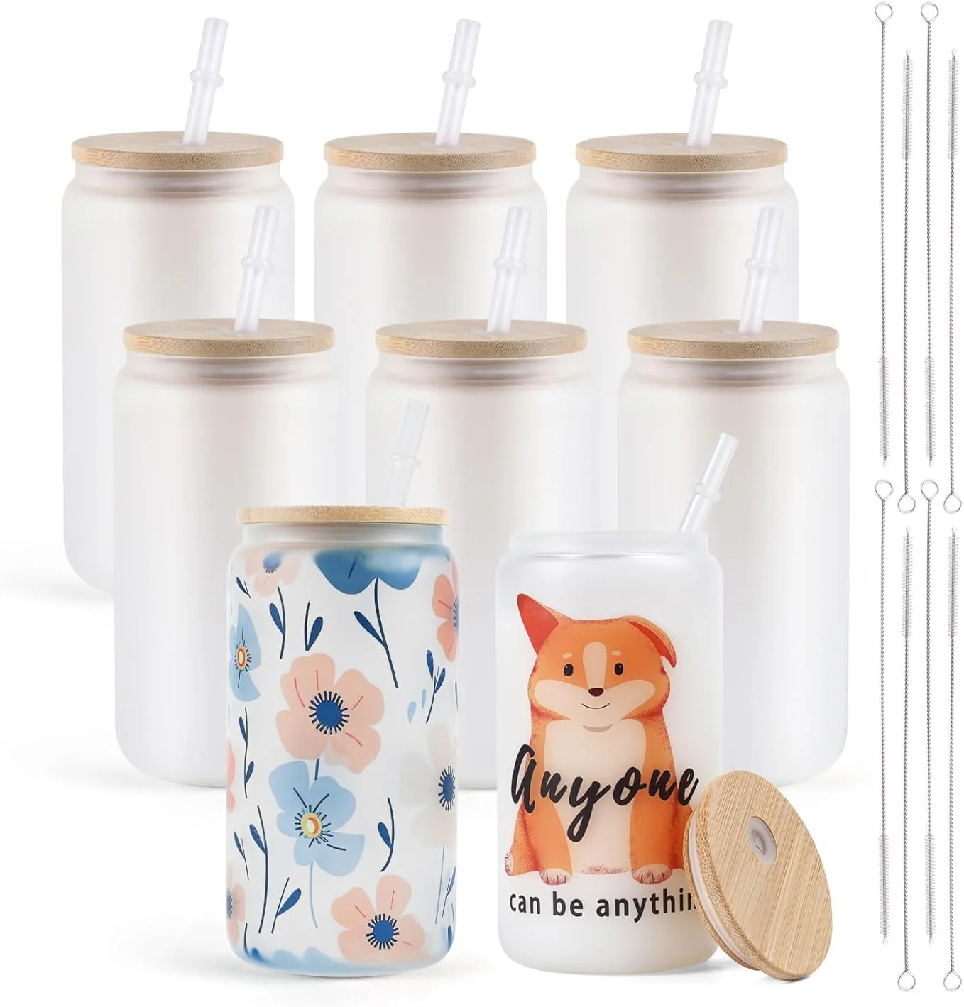 HTVRONT Lot de 8 à 24 verres à sublimation givrés avec couvercle en bambou et pailles, gobelet de 16OZ pour bière, jus, soda, café glacé