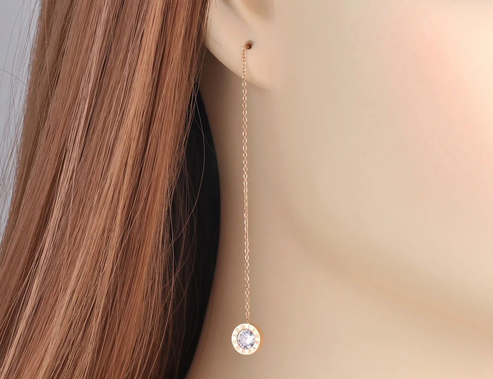 Lokaer Titanium Stainless Steel CZ Crystal Roman Numerals Tassel Earrings Fashion Bohemia Dangle Earrings For Women Girls E20213