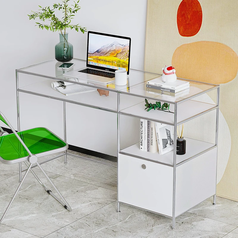 Minimalist and luxurious study desk, modern and minimalist office computer writing desk, bookshelf integrated household design