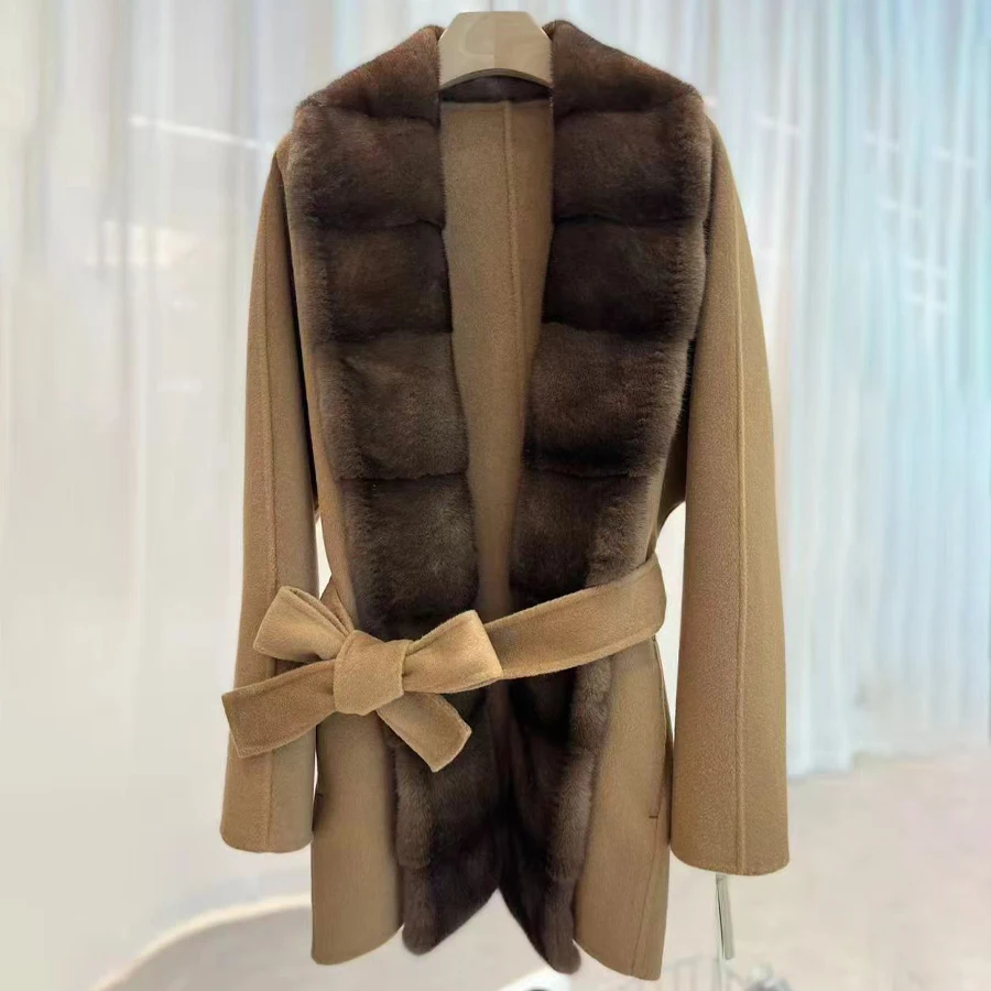 Wool Blend Jacket Matching Belt Women Wool Coat Luxury Women New Style Cashmere Coat Women