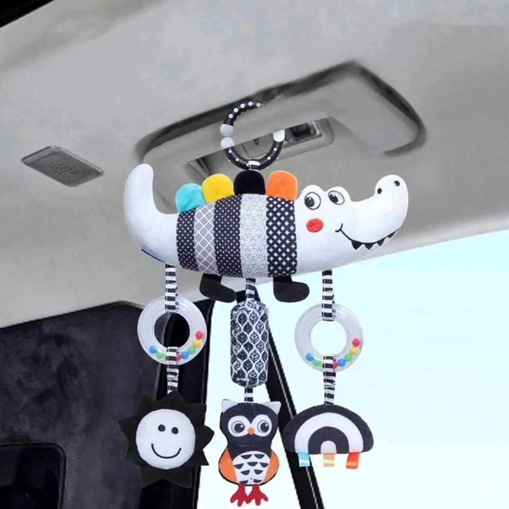 Chocalho infantil dos desenhos animados brinquedos de alto contraste pelúcia cama do bebê pendurado brinquedo preto e branco crocodilo recém-nascido brinquedo sensorial